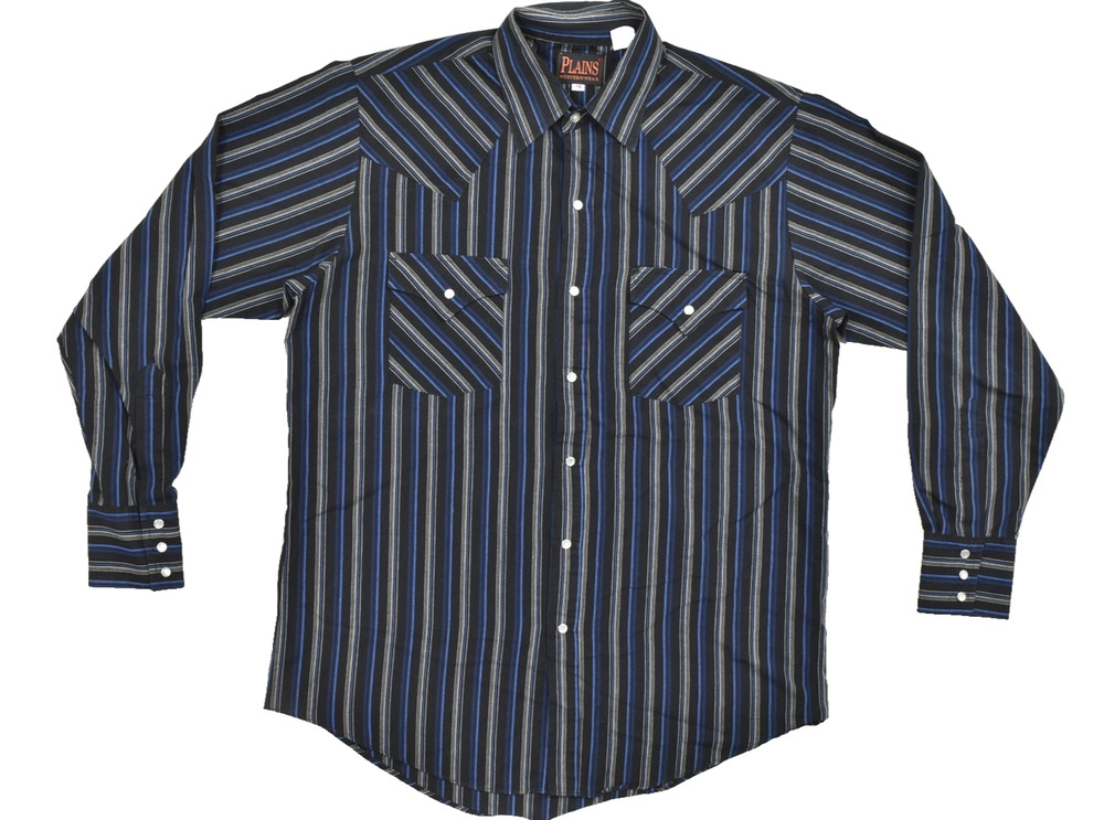 Plains Western Wear Mens Medium Blue Black Striped Long Sleeve Pearl Snap Shirt